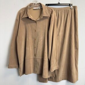 Joanna Plus Womens 22W Faux Suede Skirt Set Tan Button Down Shirt Midi Skirt 2pc